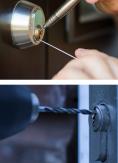 lock pick tools being used on a deadbolt (top) lock being drilled out (bottom) lock pick tools being used on a deadbolt (top) lock being drilled out (bottom)