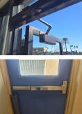 commercial-grade door opener we installed (top) and a crash bar on an exterior door (bottom)